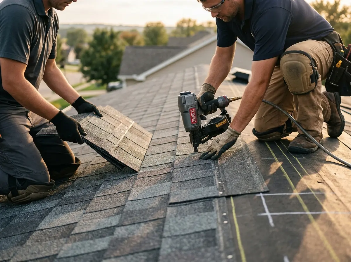Professional roofer working on a residential roof in East Brandywine
